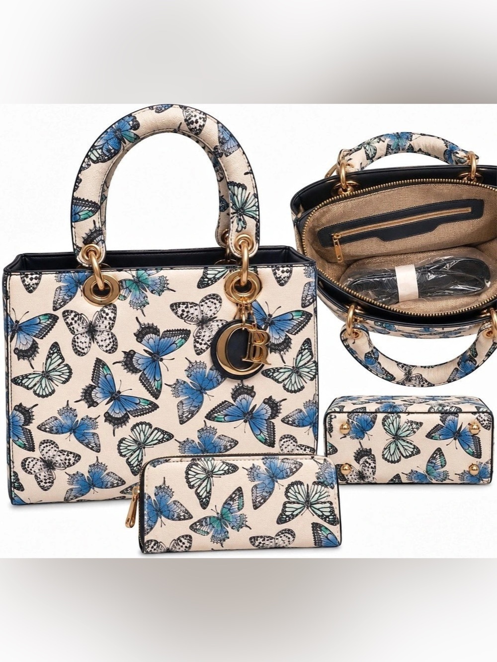 Butterfly Print Handbag Set in Blue & Beige Like New